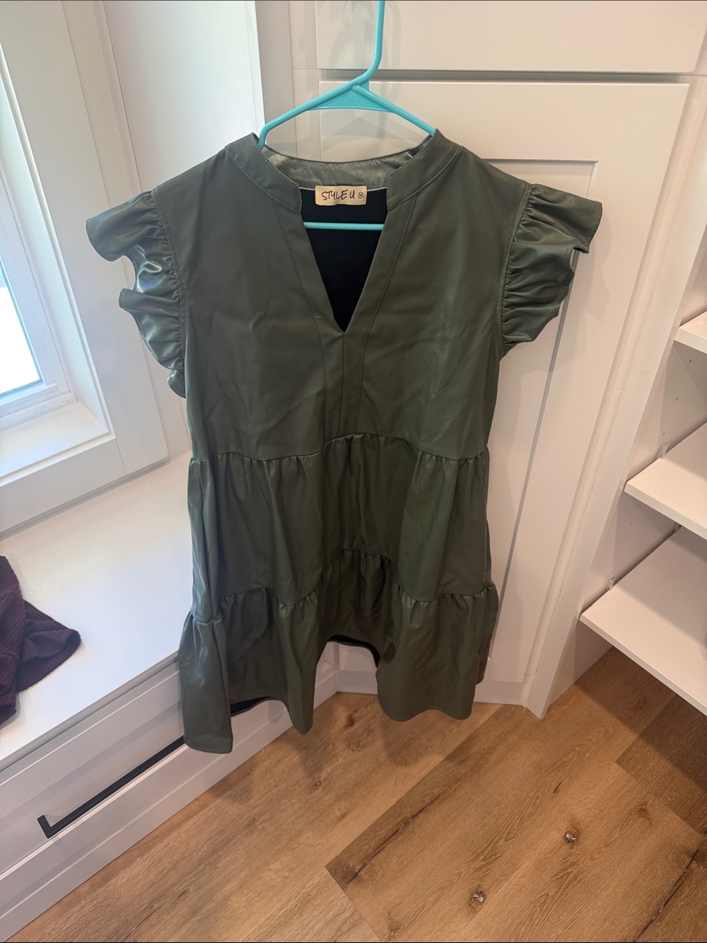 Tiered V-Neck Ruffle Sleeve Dress in Olive Green